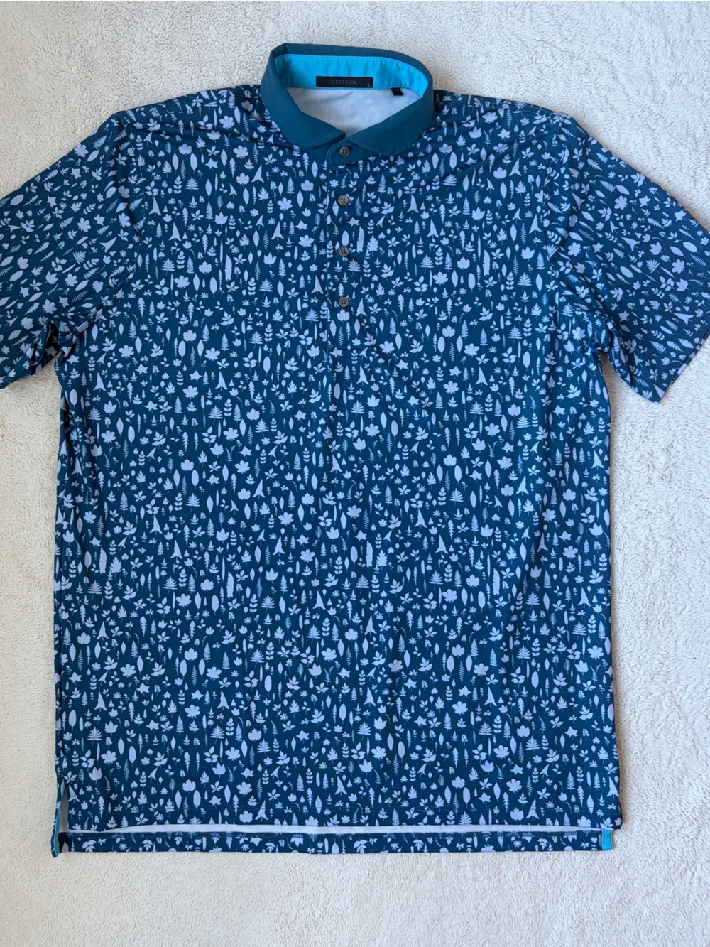 Greyson Teal Blue Micro-Leaf Print Performance Polo Men Size Large
